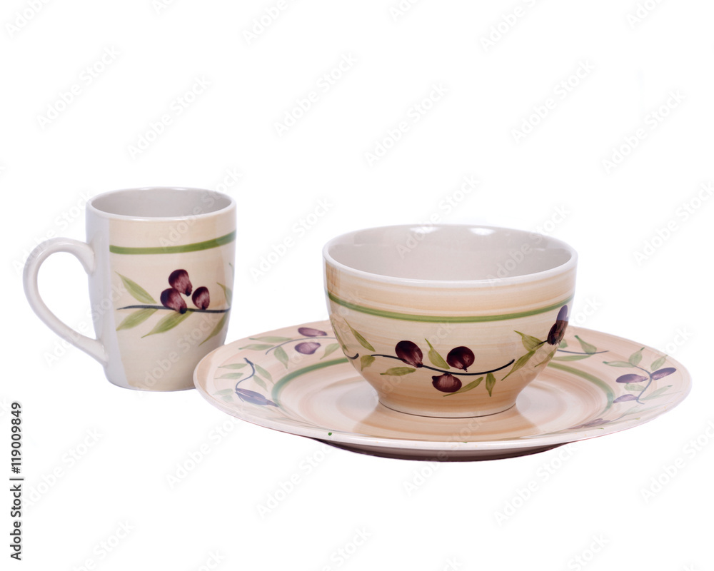 Fototapeta premium Painted cup, bowl and plate separated on white background