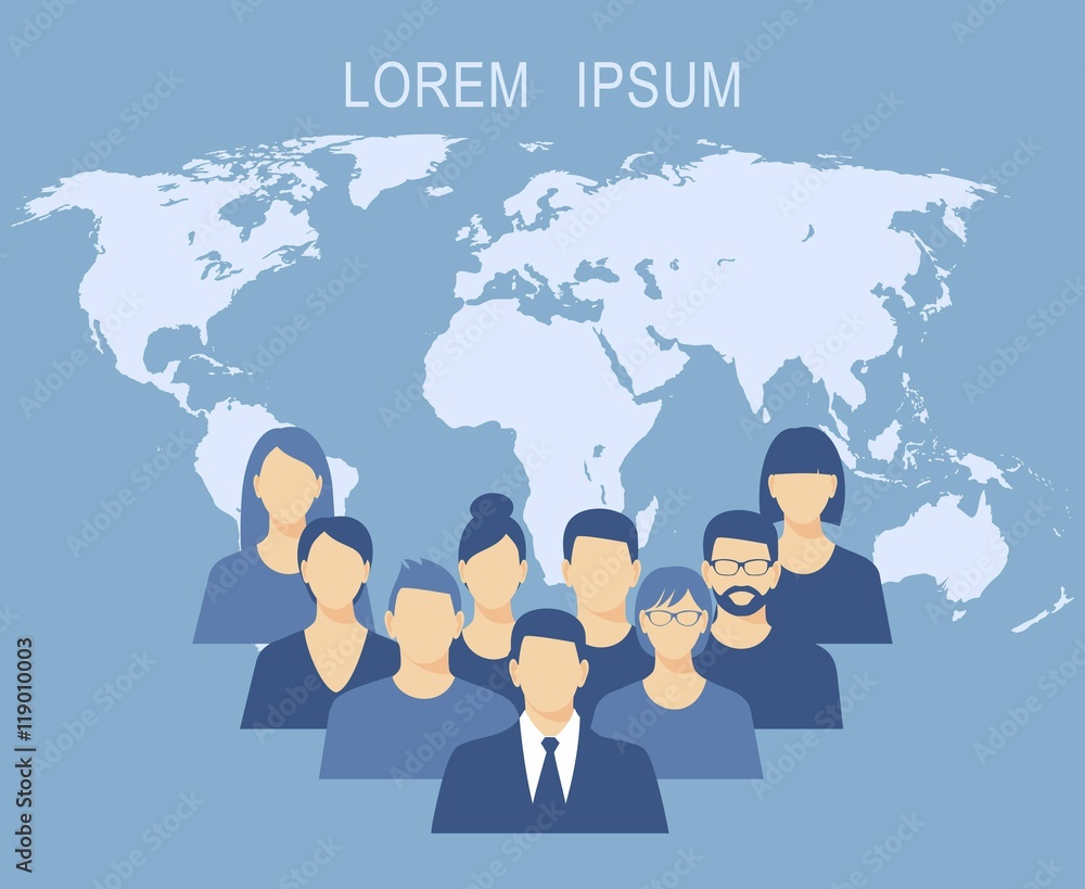 Business people team flat design vector illustration over background world map Business people team flat design vector illustration over background world map