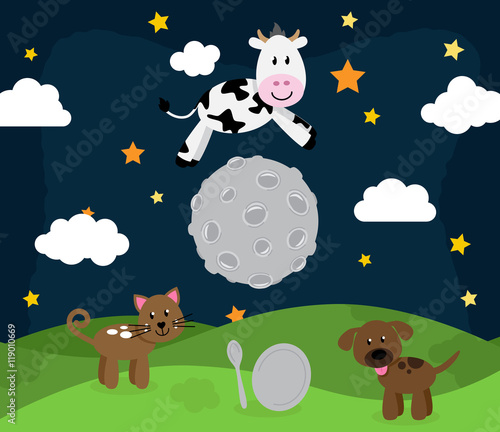 Hey Diddle Diddle Nursery Rhyme Landscape with Cow Jumping Over the Moon