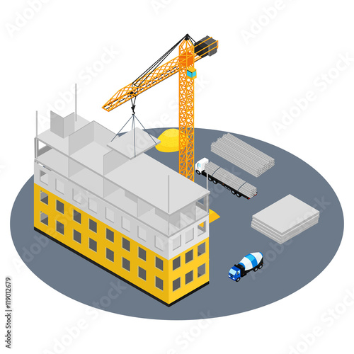 vector illustration. Construction site, house under construction, crane, concrete mixer, truck. The concrete blocks. Isometric, infographic