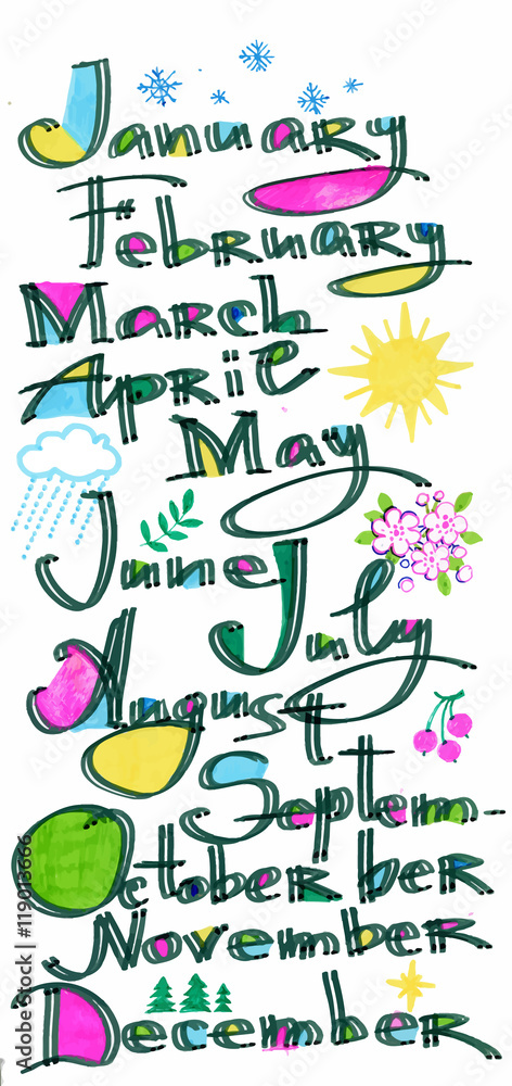 The months of the year pattern, colored hand drawn letters with pixel art model over white, calendar cover.