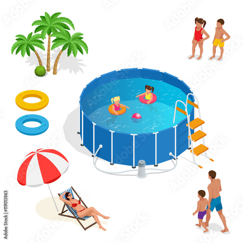 Isometric Portable plastic swimming pool and people