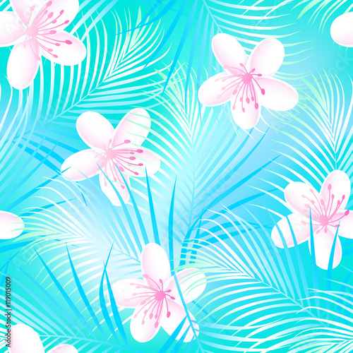 Tropical frangipani hibiscus with blue palms seamless pattern