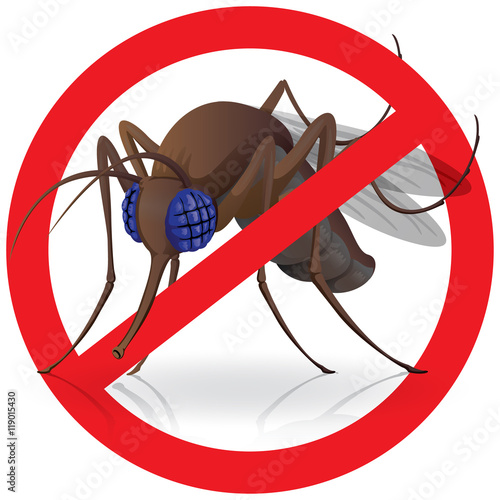Signaling, side Stilt mosquitoes fly with notice prohibited sign. Ideal for informational and institutional related sanitation and care