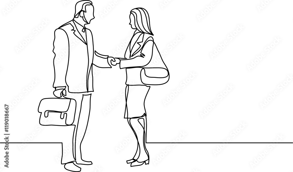 continuous line drawing of business people meeting handshake