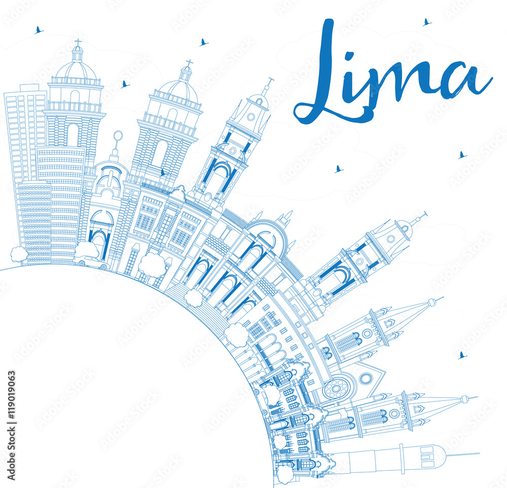 Outline Lima Skyline with Blue Buildings and Copy Space.