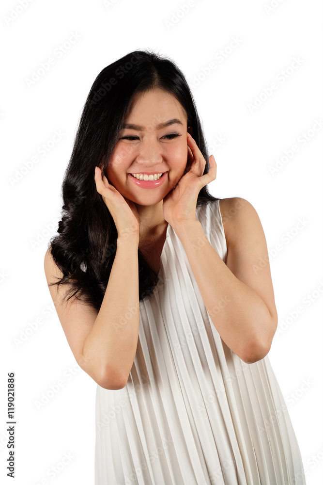 Happy young woman with smiling face wearing white dress on white background Happy young woman with smiling face wearing white dress on white background