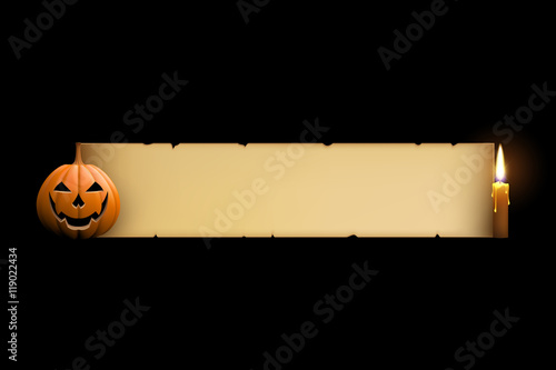 Banner with the Halloween elements , card with empty paper scroll with candle and pumpkin. Blank vector ancient scroll of parchment wallpaper , background. Poster or brochure for Halloween party.