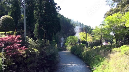 Steam rising from geothermal natural hot springs in Kirishima, Kagoshima Japan