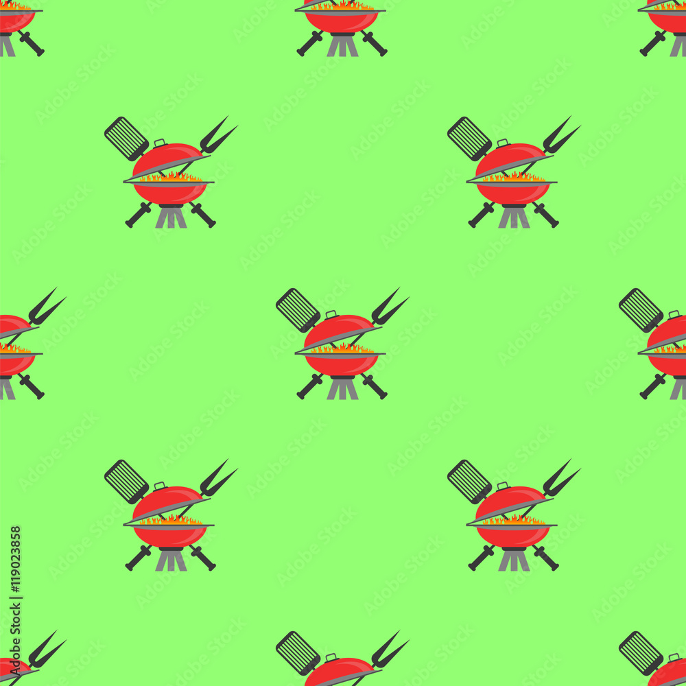 Barbeque Icon Seamless Pattern on Green. Summer Grill Background.