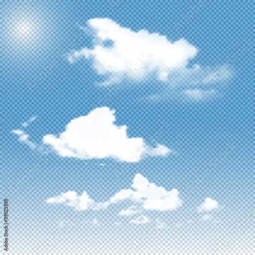vector realistic transparent clouds on sky background. Set of different fluffy  gradient mesh
