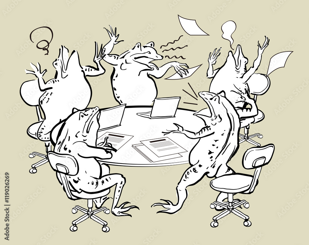 Obraz premium パソコンと蛙-混乱する会議