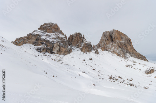 The Sassolungo  Langkofel  Group of the Italian Dolomites in Winter
