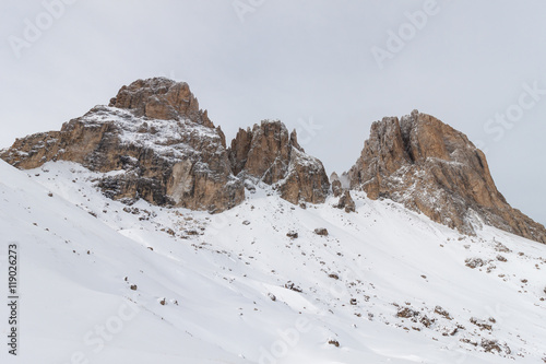 The Sassolungo (Langkofel) Group of the Italian Dolomites in Winter © norbel