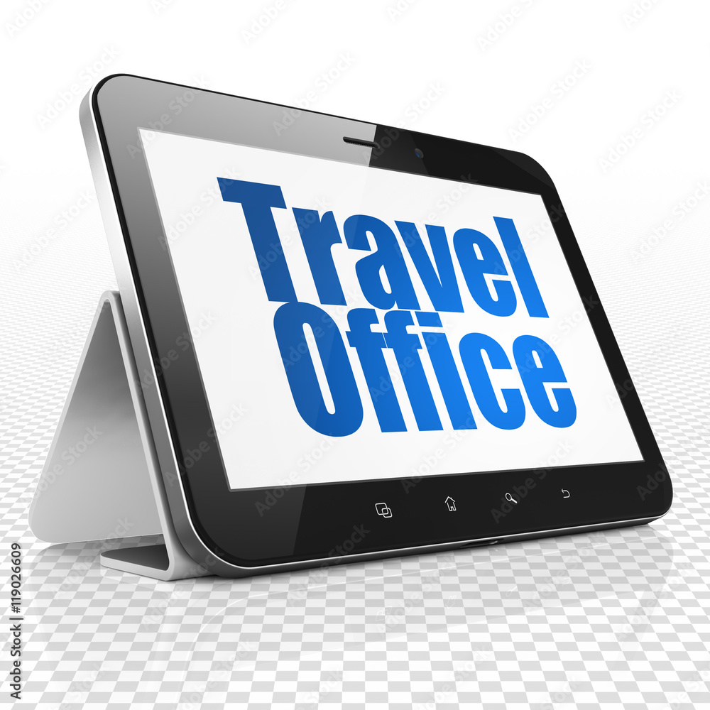 Travel concept: Tablet Computer with Travel Office on display Travel concept: Tablet Computer with Travel Office on display