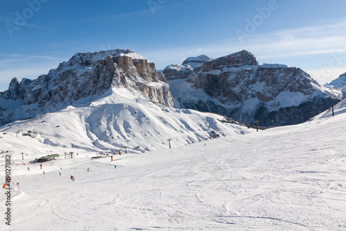 Sass Pordoi (in the Sella Group) with snow in the Italian Dolomites from the ski area Col Rodella © norbel