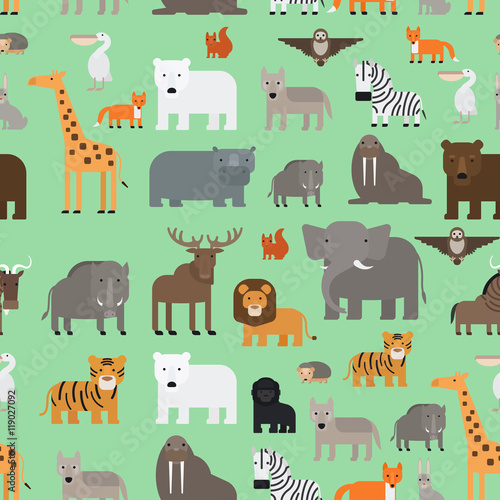 Zoo animals flat style seamless pattern. Vector illustration