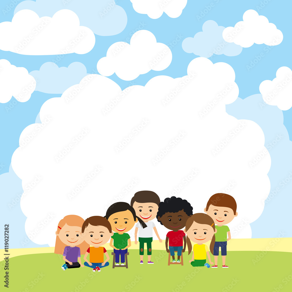 Template for advertising with cute kids characters near sky. Vector illustration