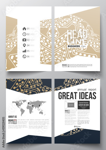 Set of business templates for brochure  magazine  flyer  booklet or annual report. Golden microchip pattern  connecting dots and lines  connection structure. Digital scientific background