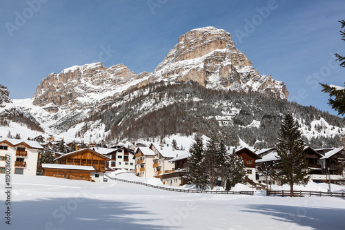 View of Colfosco, a mountain village and ski area in the Italian Dolomites, with snow © norbel