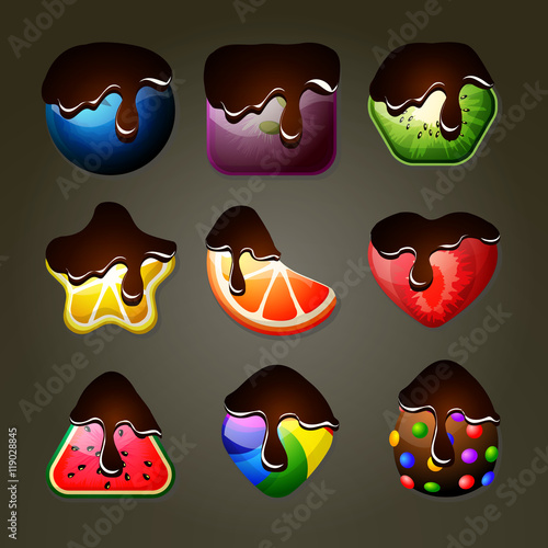 Fruit candies for match three puzzle game with chocolate topping