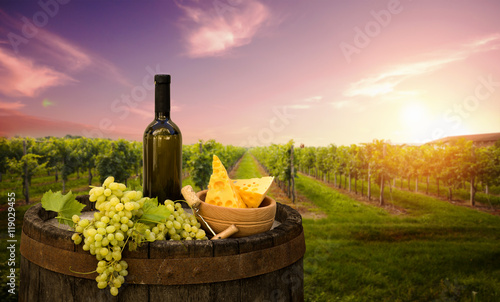 Wine and vineyard in Tuscany sunset. Italy