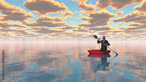Fotografija man rowing oars in the red upturned umbrella on water