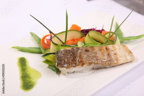 Roasted walleye with vegetables