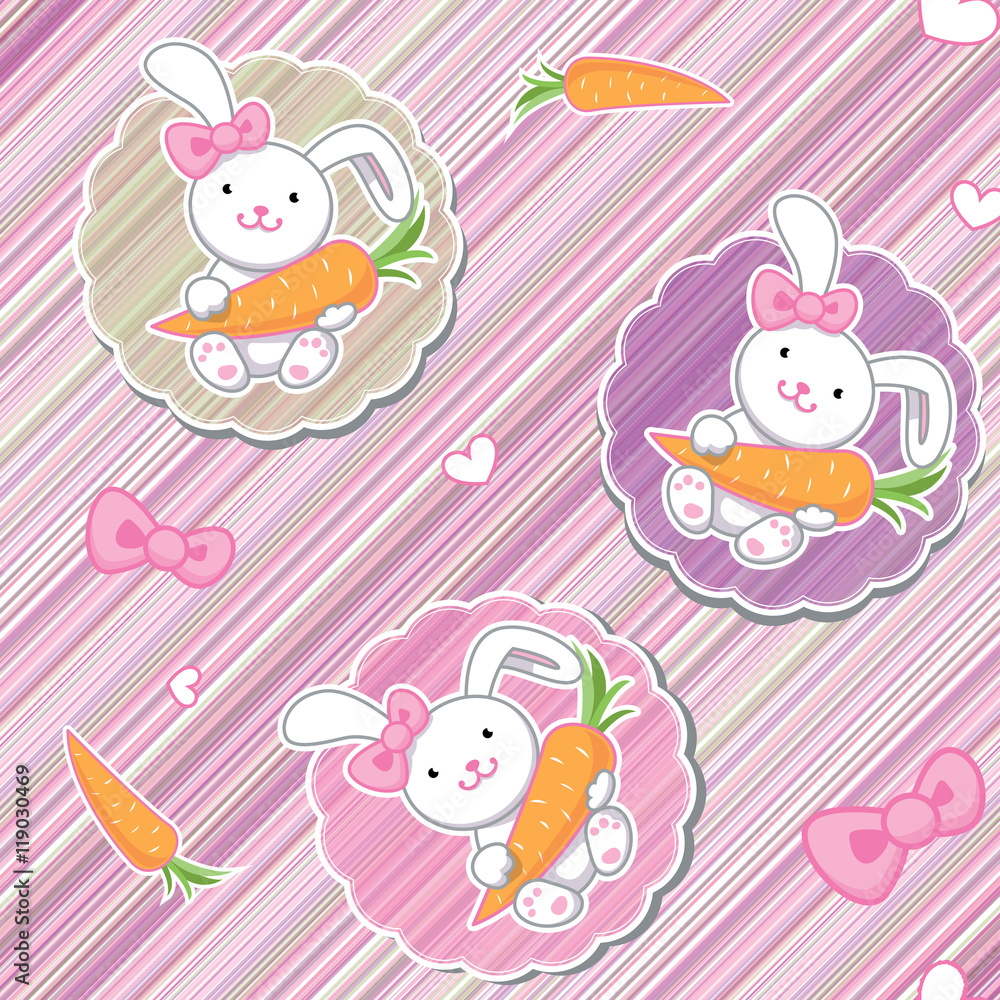 Romantic seamless pattern with amazing cartoon bunny girls.