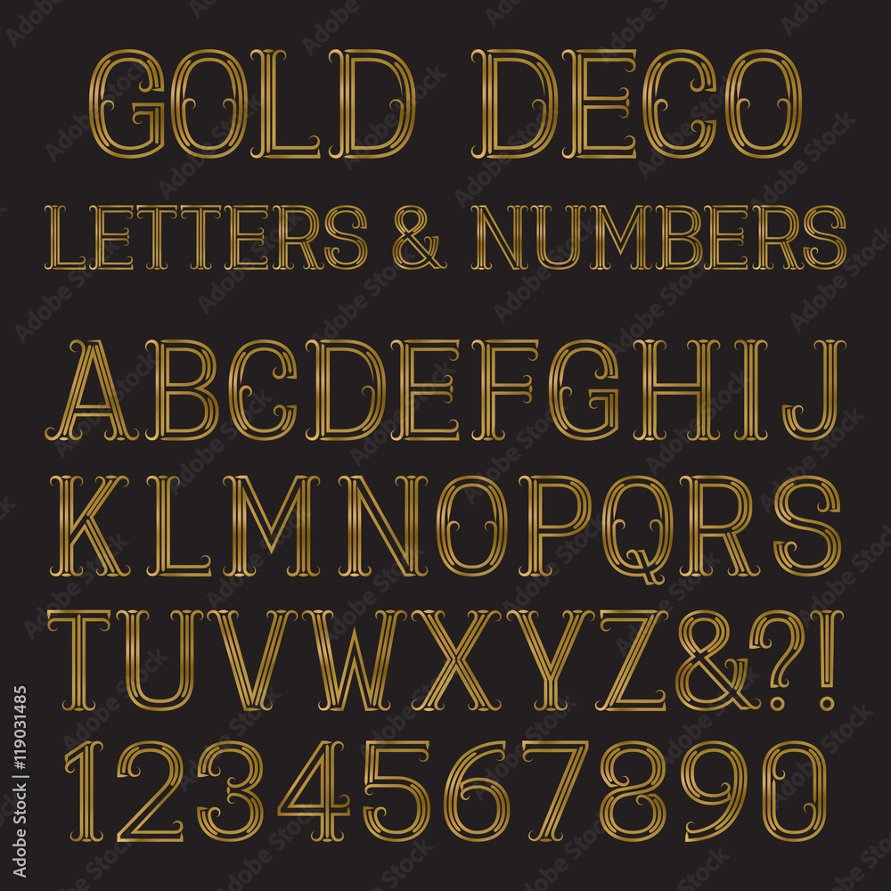 Vecteur Stock Golden font in art deco style. Vintage alphabet. Gold capital  letters and numbers of lines with flourishes. | Adobe Stock