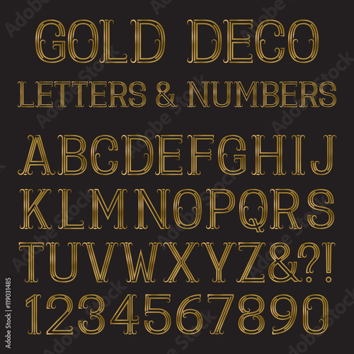 Golden font in art deco style. Vintage alphabet. Gold capital letters and numbers of lines with flourishes.