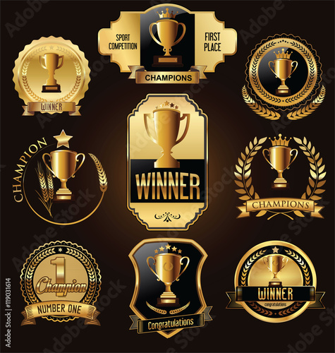 Award cups and trophy icons with laurel wreaths colelction