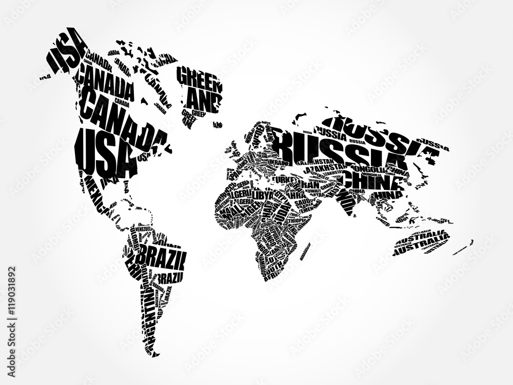 World Map in Typography word cloud concept, names of countries Stock ...