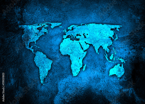 world map on blue concrete wall background
