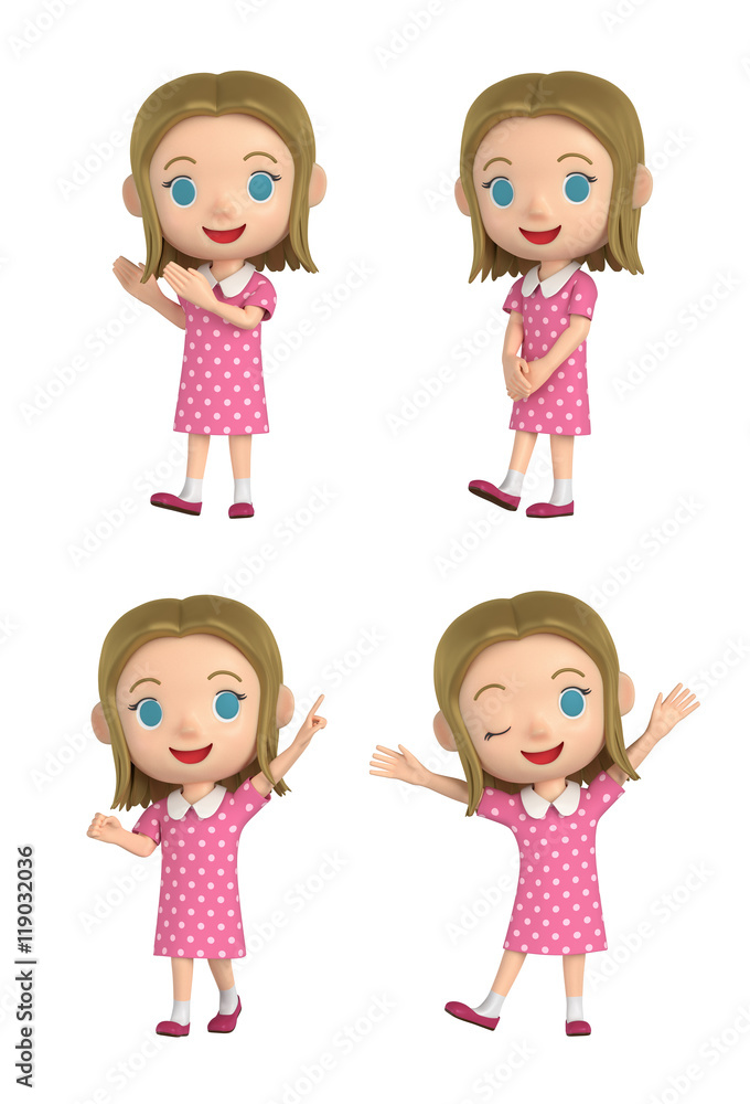 3D illustration character - The girl who wears a polka-dot dress and makes a pose. 3D illustration character - The girl who wears a polka-dot dress and makes a pose.