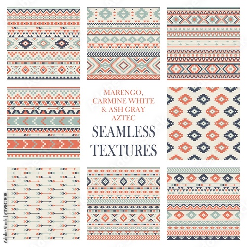 Set of Seamless geometric Ethnic pattern textures. Marengo, Carmine & Gray colors. Navajo geometric print. Rustic decorative ornament. Abstract Native American ornament for the design of textiles