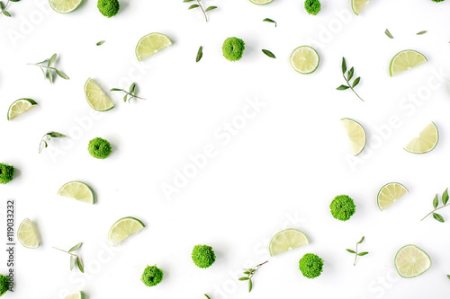 lime and green branches frame on white background. flat lay, top view