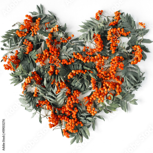Heart symbol made of rowan on white background. flat lay, top view. autumn wallpaper