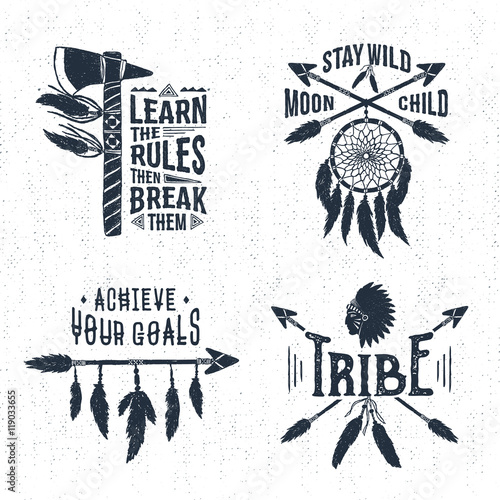 Hand drawn tribal labels set with tomahawk, dream catcher, arrows, and feathers vector illustrations and inspirational lettering.