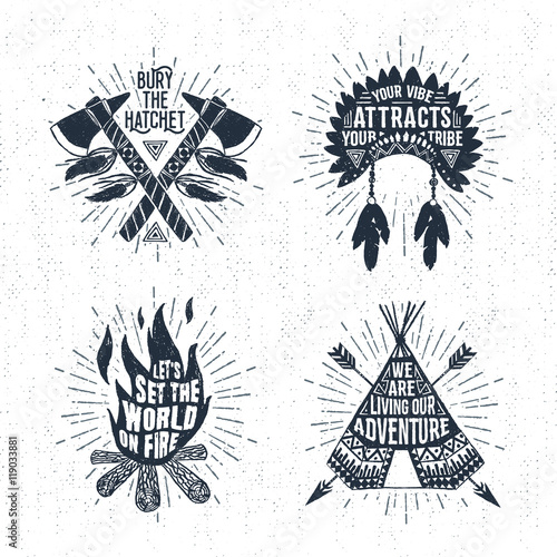 Hand drawn tribal labels set with tomahawks, headdress, bonfire, and teepee vector illustrations and inspirational lettering.