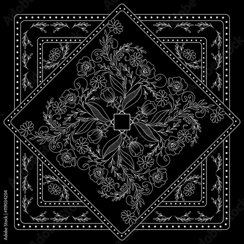 Black and white  bandana print with floral pattern. Square pattern design for pillow, carpet, rug. Design for silk neck scarf, kerchief, hanky