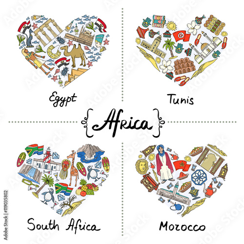 Vector set with stylized hearts with hand drawn colored symbols of Egypt, Tunis, South Africa, Morocco