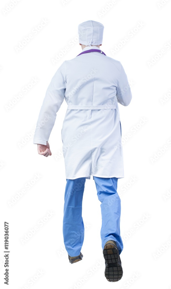 Back view of running doctor in a robe hurrying to help the patient. Walking guy in motion. Rear view people collection. Backside view of person. Isolated over white background. Back view of running doctor in a robe hurrying to help the patient. Walking guy in motion. Rear view people collection. Backside view of person. Isolated over white background.