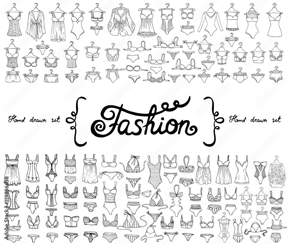 Vector set with hand drawn isolated doodles on the  theme of fashion. Flat illustrations of lingerie and swimsuits for women. Sketches for use in design