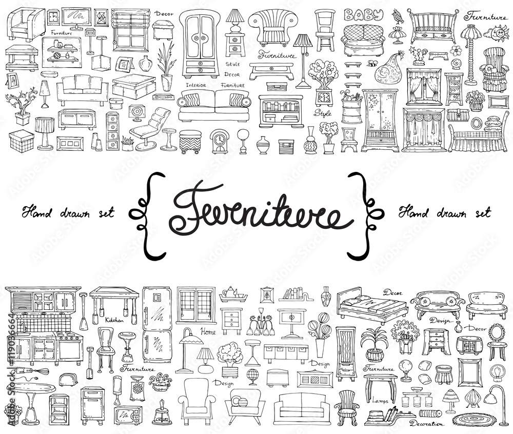 Vector set with hand drawn isolated doodles on the  theme of furniture. Flat illustrations of objects for decoration and interior. Sketches for use in design