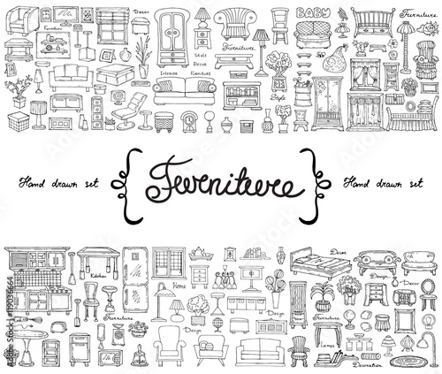 Vector set with hand drawn isolated doodles on the  theme of furniture. Flat illustrations of objects for decoration and interior. Sketches for use in design