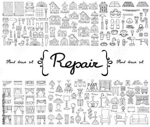 Vector set with hand drawn isolated doodles on the  theme of repair. Flat illustrations of furniture, curtains, lamps, houses, building tools. Sketches for use in design