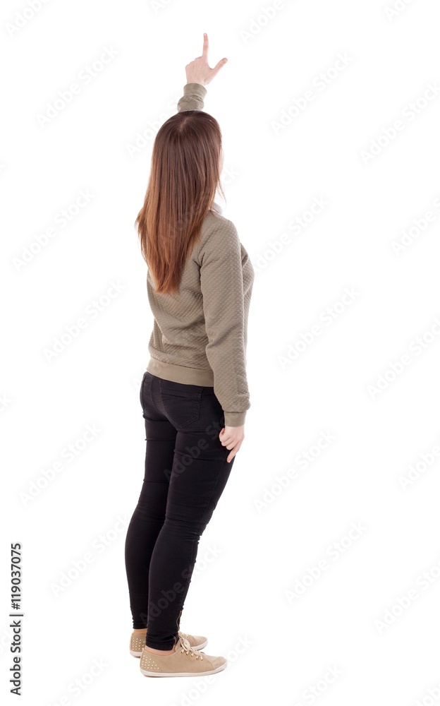 Back view of pointing woman. beautiful girl. Rear view people collection. backside view of person. Isolated over white background. Back view of pointing woman. beautiful girl. Rear view people collection. backside view of person. Isolated over white background.