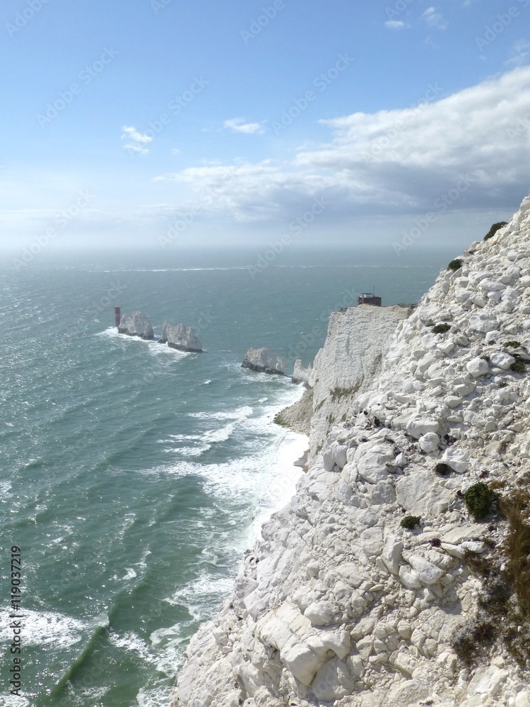 View of The Needles, England and the brilliant white limestone cliffs of the Isle of Wight coast  