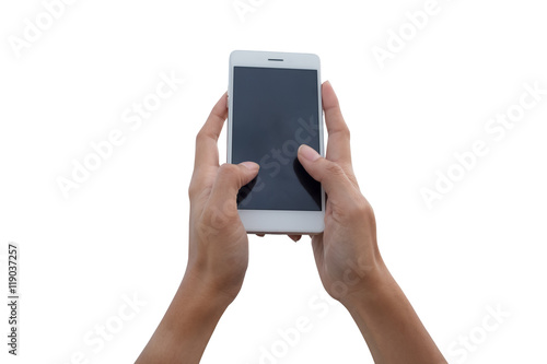 right and left hand of a woman holding blank black screen mobile smart phone for play game or talk photo, isolated on white background with clipping path for the screen.